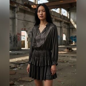 Grey metallic dress.